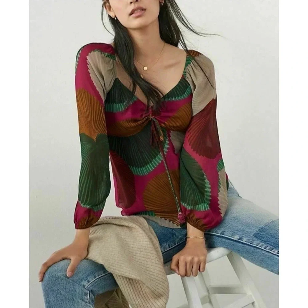 Farm Rio Katalina‎ Long Sleeve Blouse Abstract Print Anthropologie XS $158 Boho